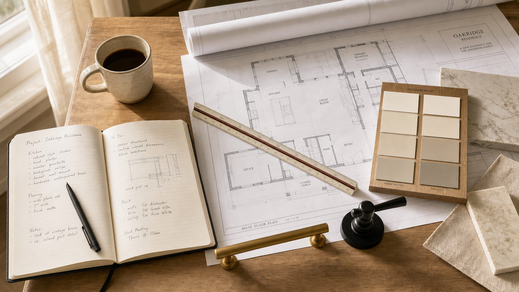 A builder's desk with home plans and finish samples
